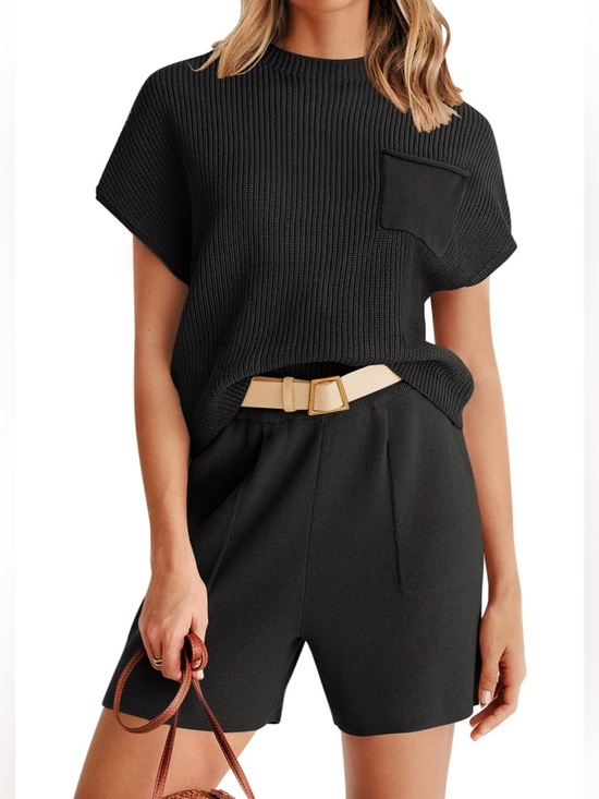 Zesica Pants - NWT Zesica Short Sleeve Mock Neck Knit Pullover Top and Shorts Set XL Black